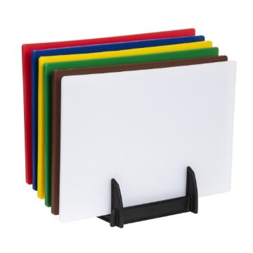 Picture of Hygiplas Low Density Chopping Board Set with Rack 450x300x10mm (Pack of 6)