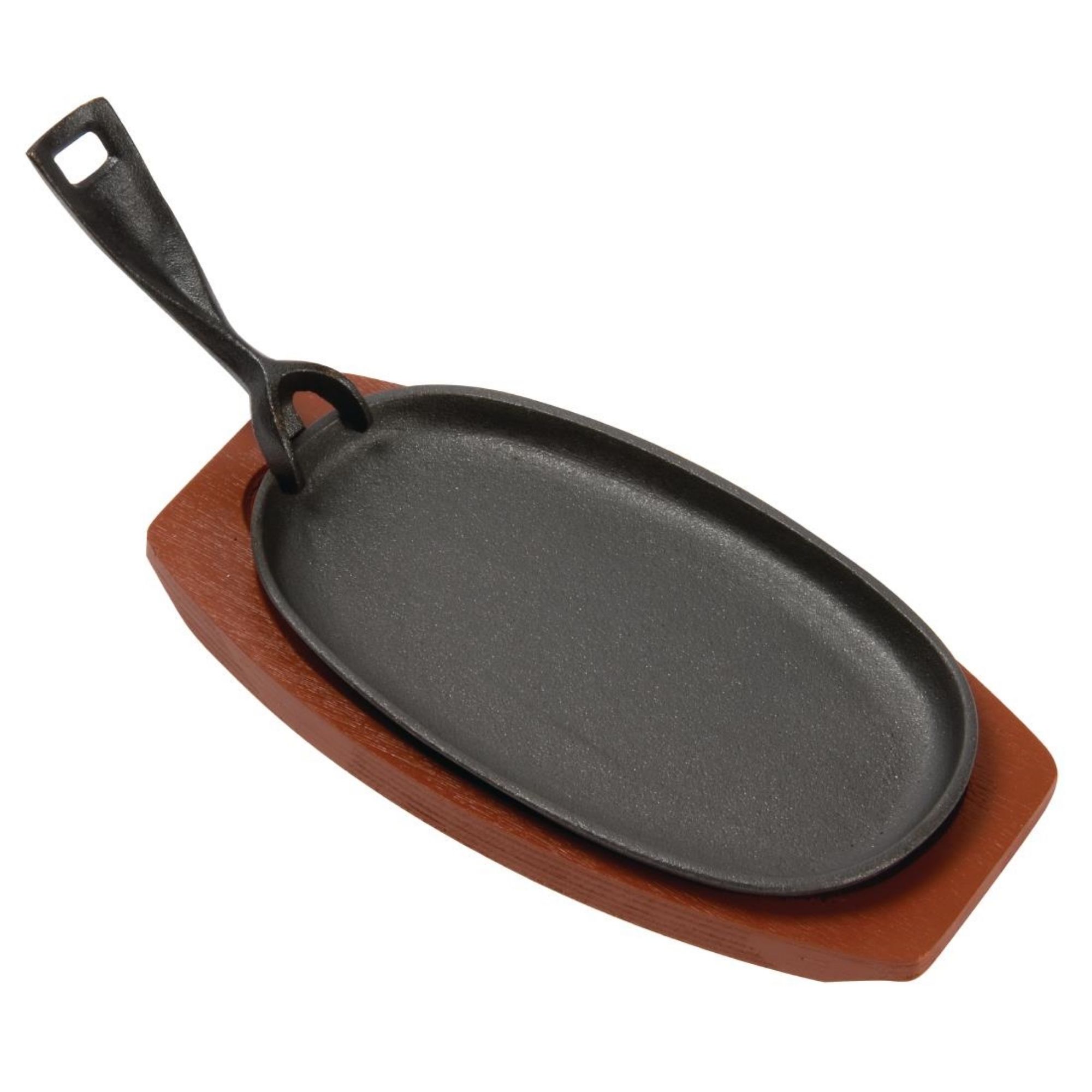 Picture of Olympia Cast Iron Oval Sizzler with Wooden Stand 24cm