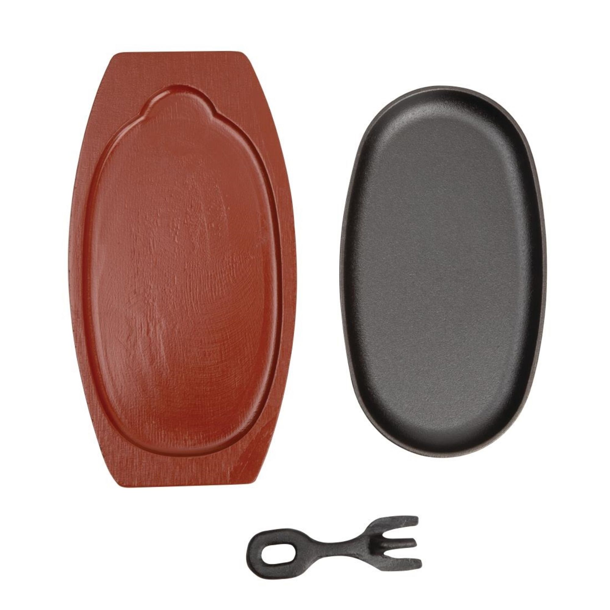 Picture of Olympia Cast Iron Oval Sizzler with Wooden Stand 24cm