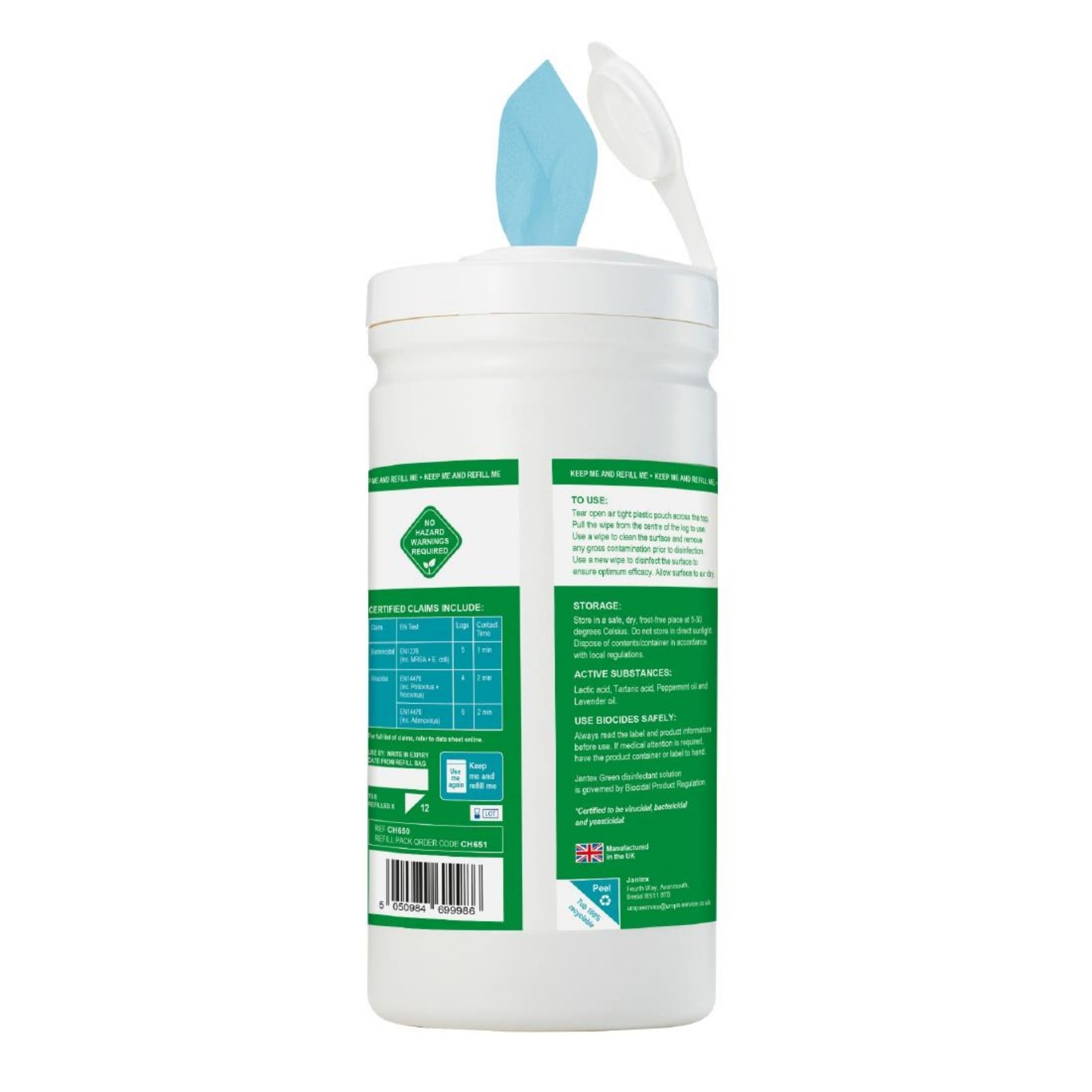 Picture of Jantex Green Surface Sanitiser Wipes Starter Tub 200mm (Pack of 200)