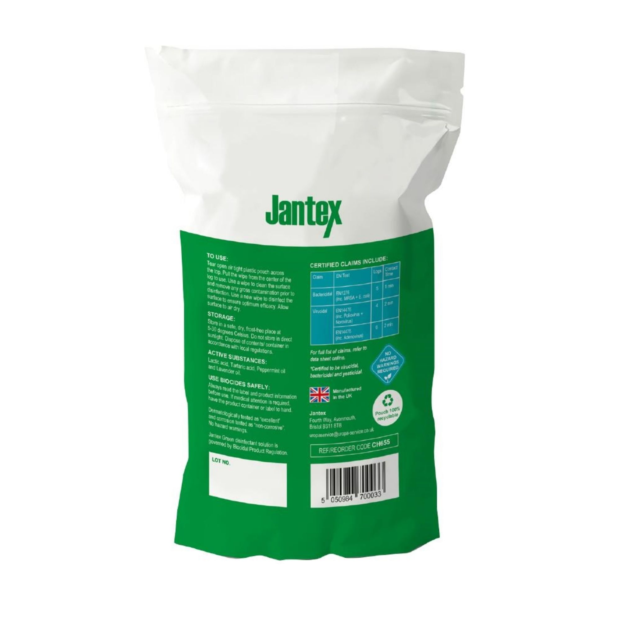 Picture of Jantex Green Sanitiser Wipes Refill Pack 130mm (Pack of 100)