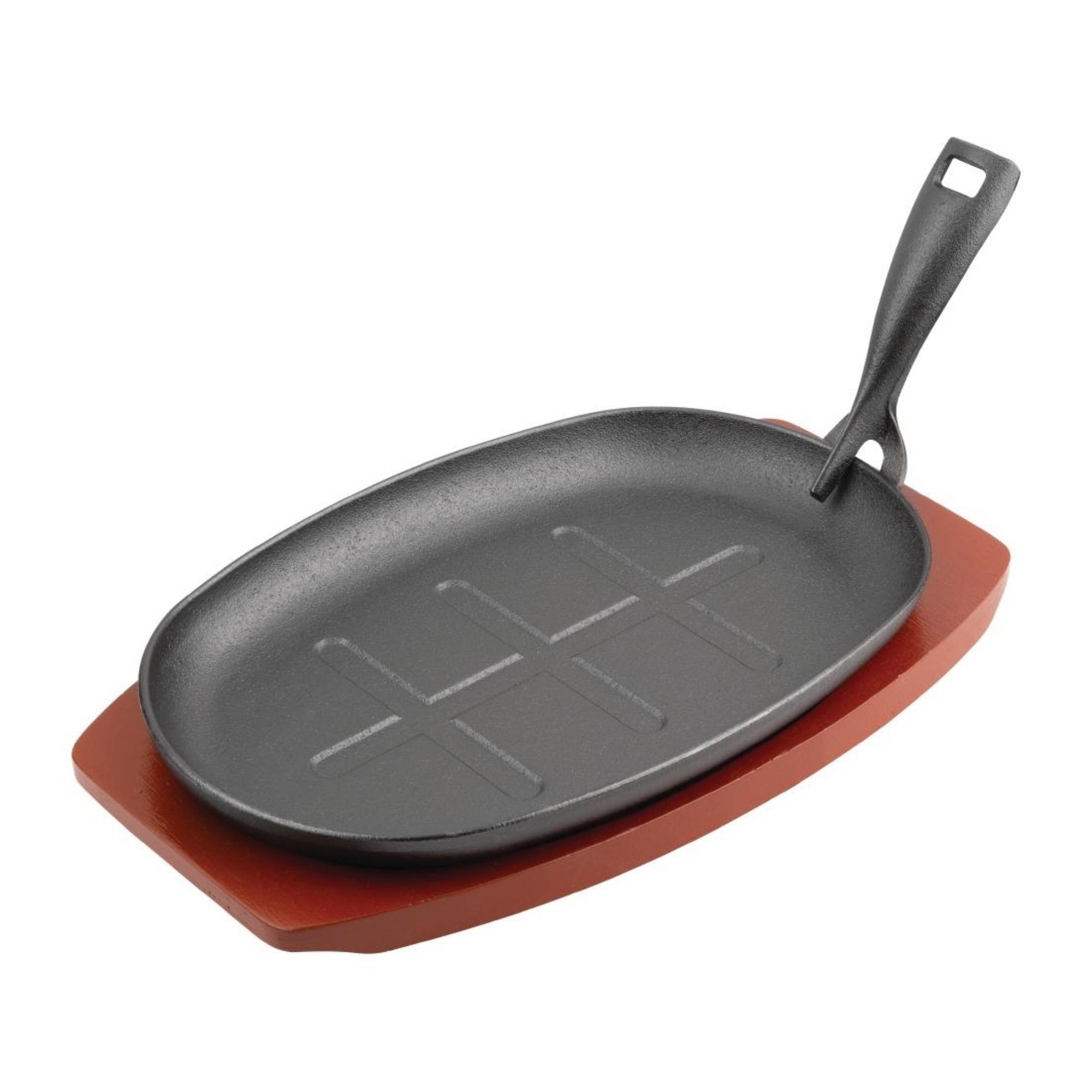 Picture of Olympia Cast Iron Oval Sizzler with Wooden Stand 28cm