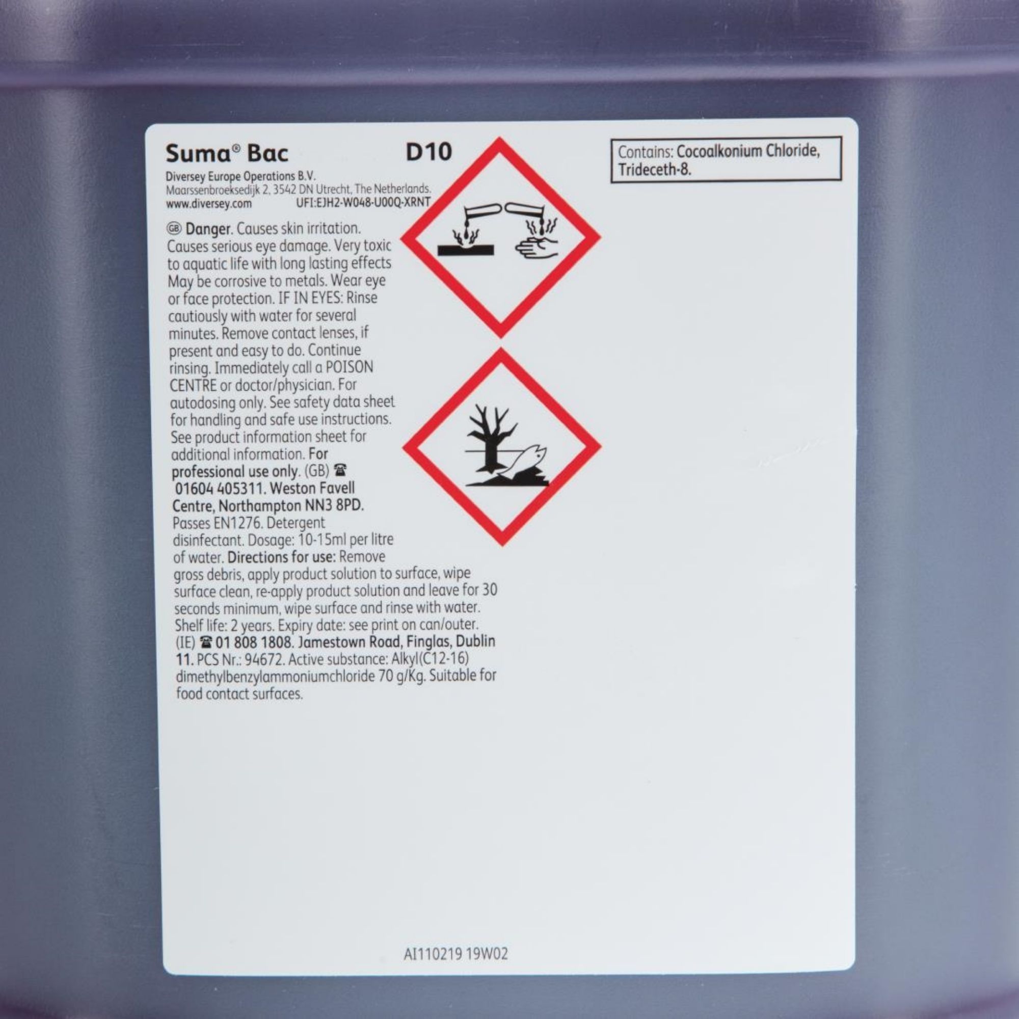 Picture of Suma Bac D10 Cleaner and Sanitiser Concentrate 5Ltr (Pack of 2)