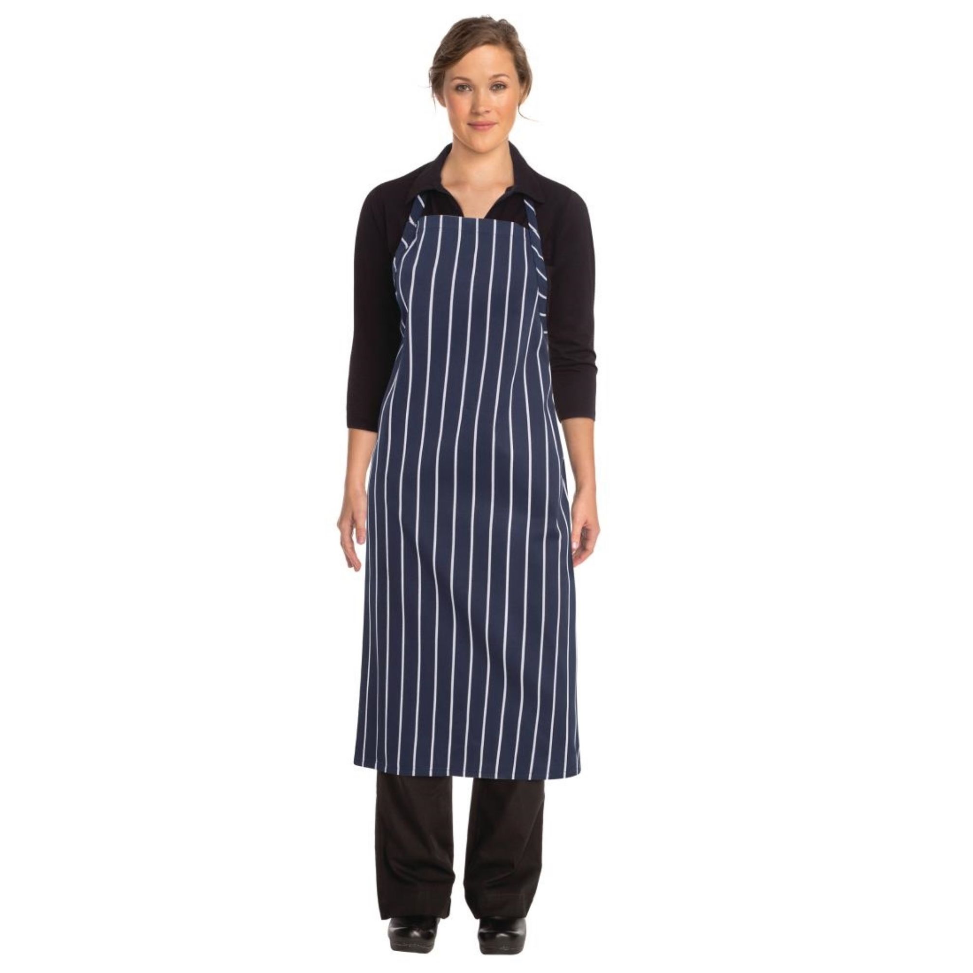 Picture of Chef Works Premium Woven Bib Apron Navy and White Stripe