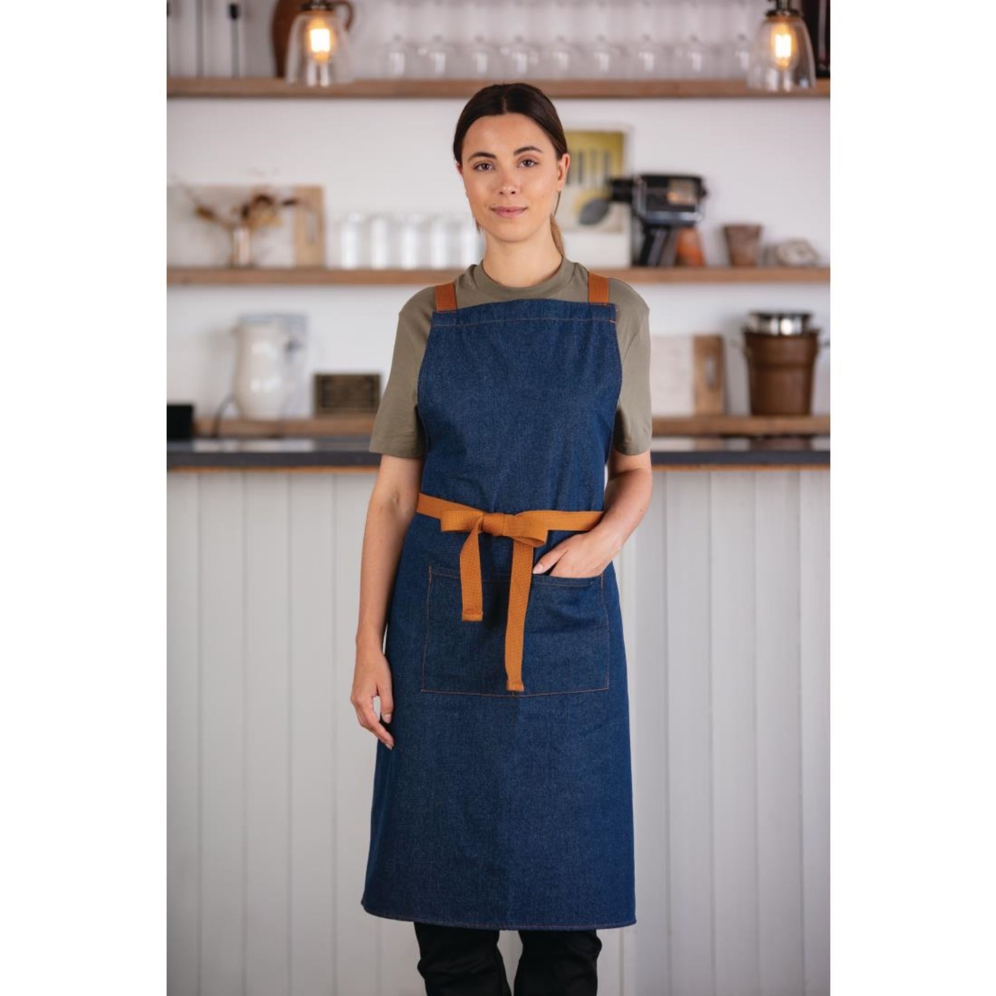 Picture of Southside X-Cross Back Apron Denim Blue Tan Ties - B984