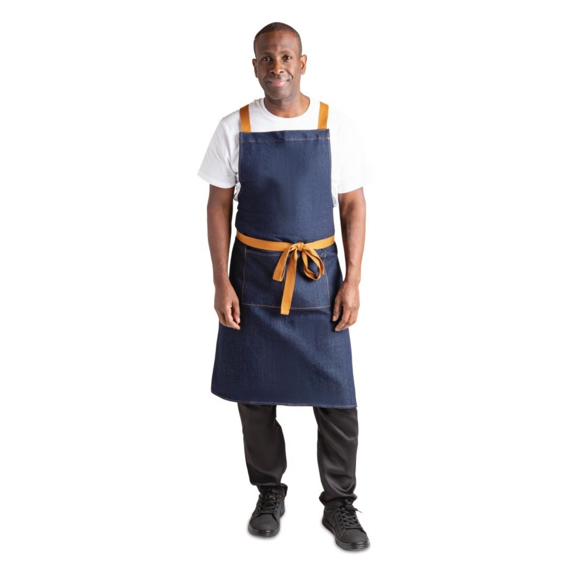 Picture of Southside X-Cross Back Apron Denim Blue Tan Ties
