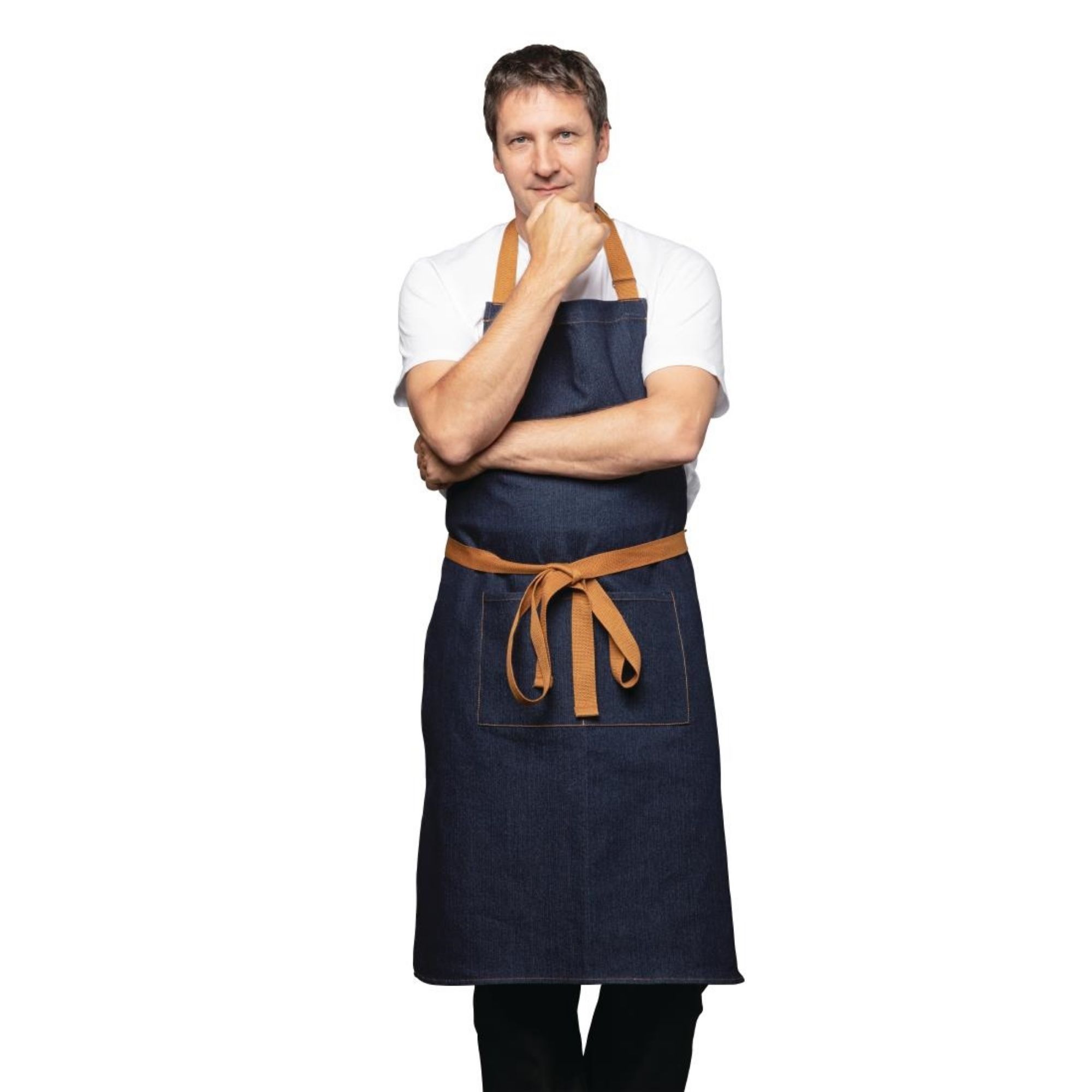Picture of Southside X-Cross Back Apron Denim Blue Tan Ties