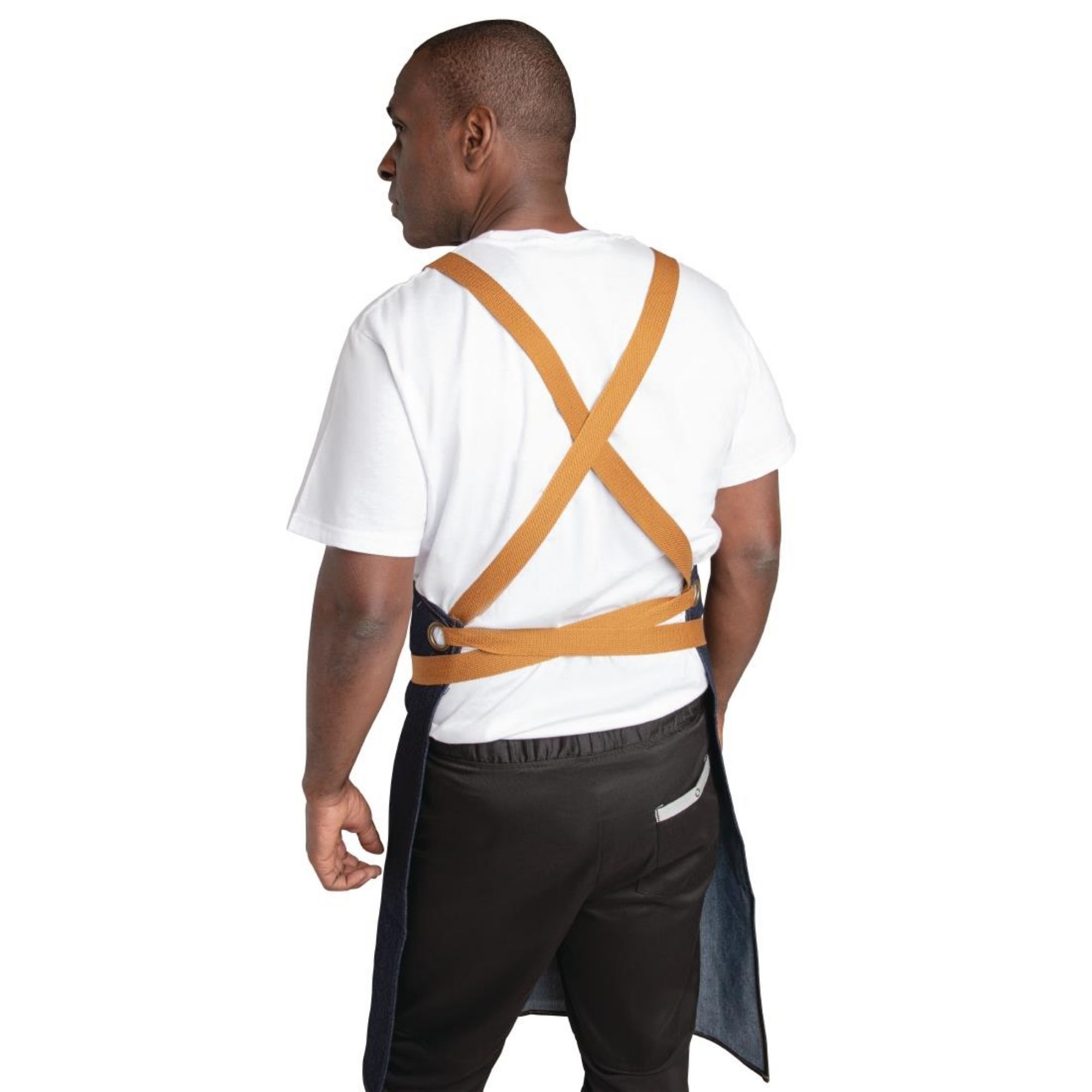 Picture of Southside X-Cross Back Apron Denim Blue Tan Ties