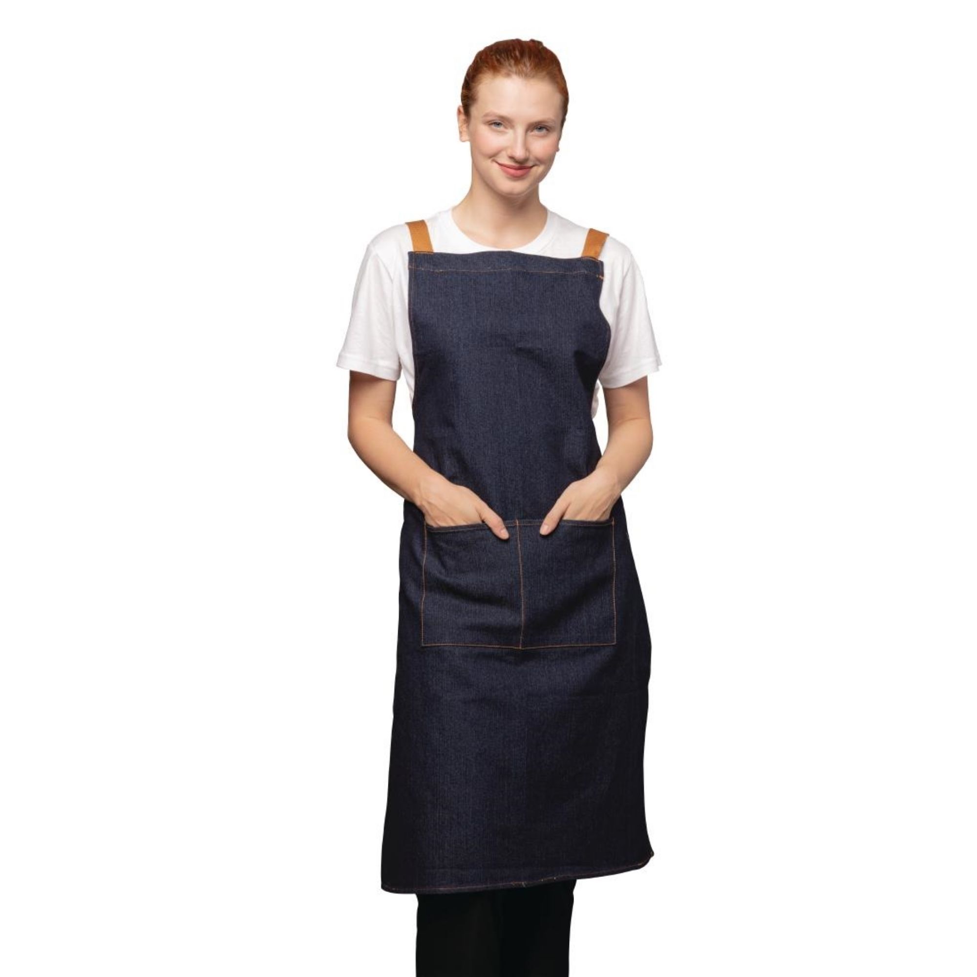 Picture of Southside X-Cross Back Apron Denim Blue Tan Ties