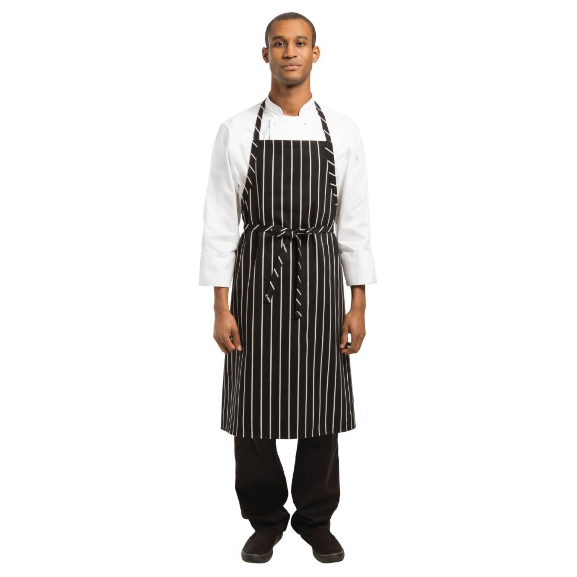 Picture of Chef Works Premium Woven Bib Apron Black and White Stripe - B248