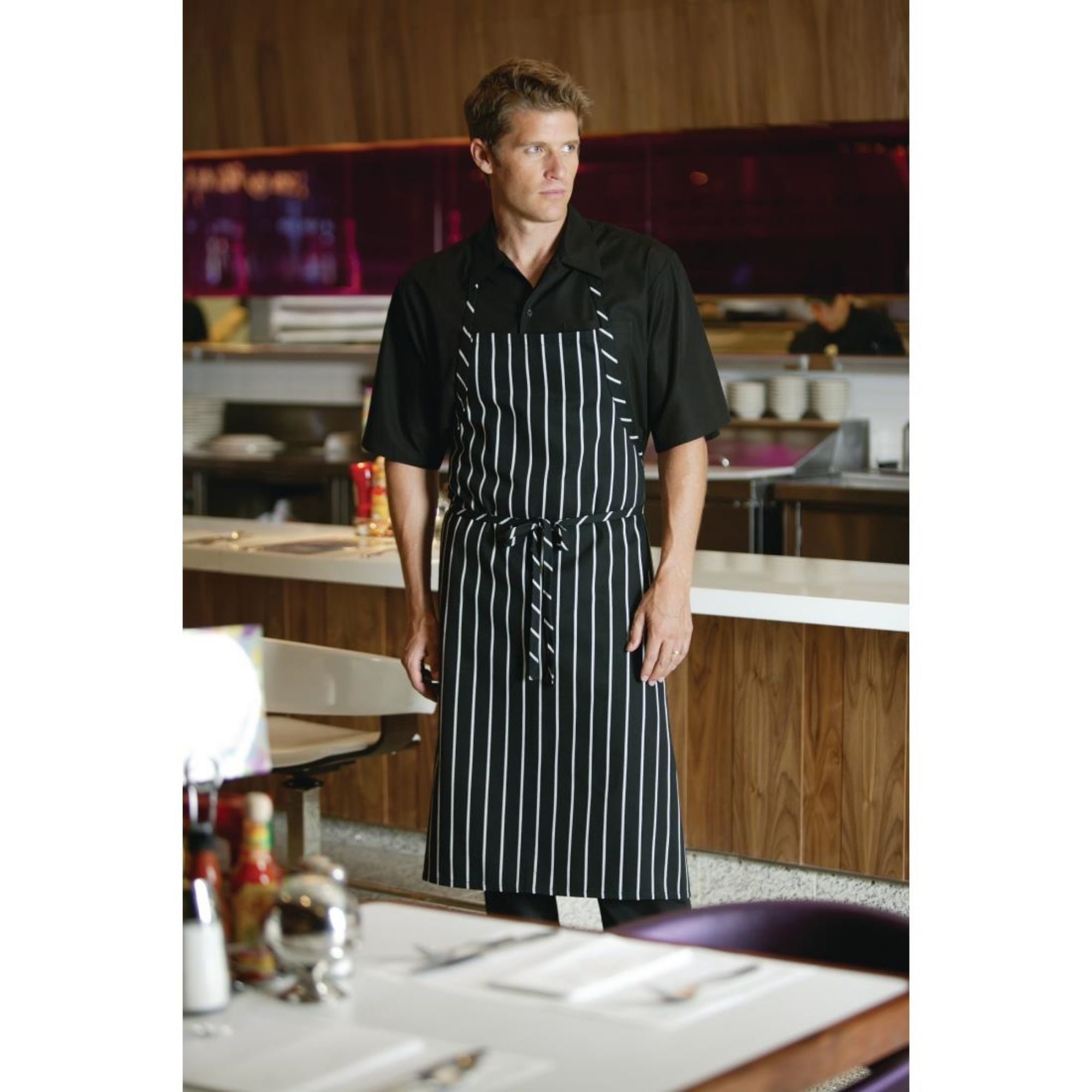 Picture of Chef Works Premium Woven Bib Apron Black and White Stripe
