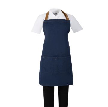 Picture of Southside Short Length Bib Apron Denim Blue with Tan Ties