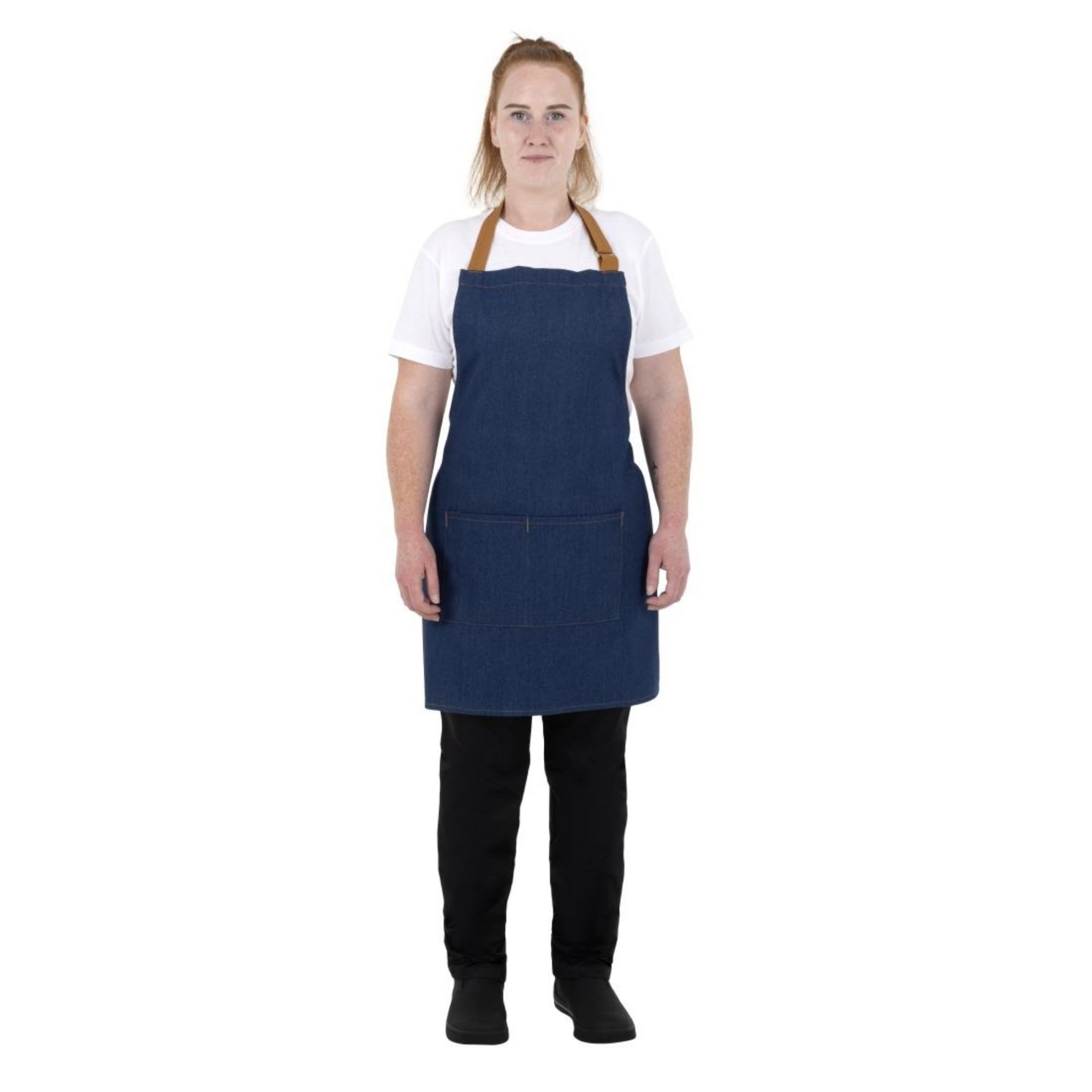Picture of Southside Short Length Bib Apron Denim Blue with Tan Ties