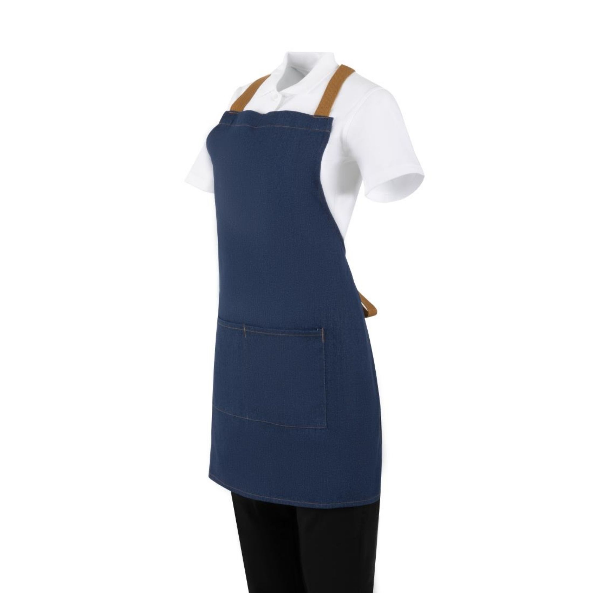 Picture of Southside Short Length X-Cross Back Bib Apron Denim Blue with Tan Ties