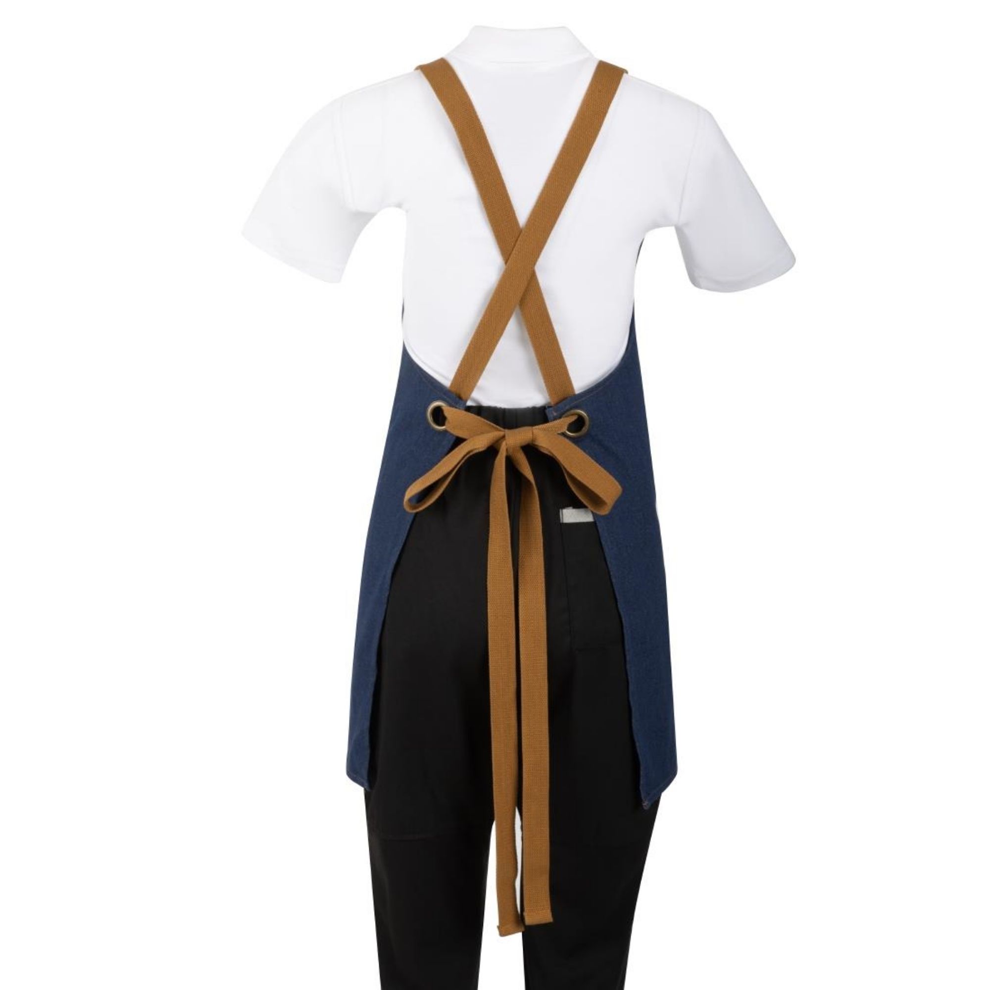 Picture of Southside Short Length X-Cross Back Bib Apron Denim Blue with Tan Ties
