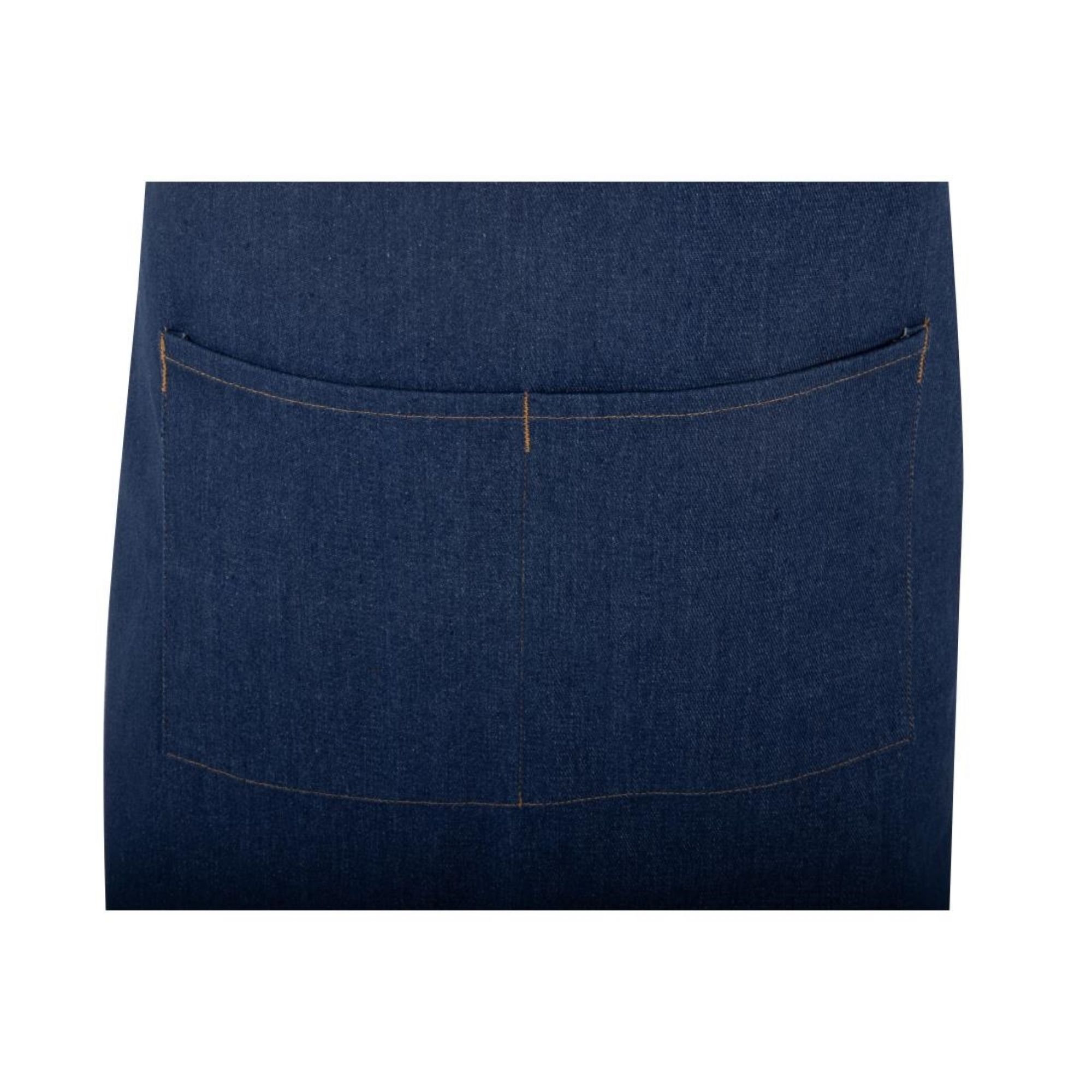 Picture of Southside Short Length X-Cross Back Bib Apron Denim Blue with Tan Ties