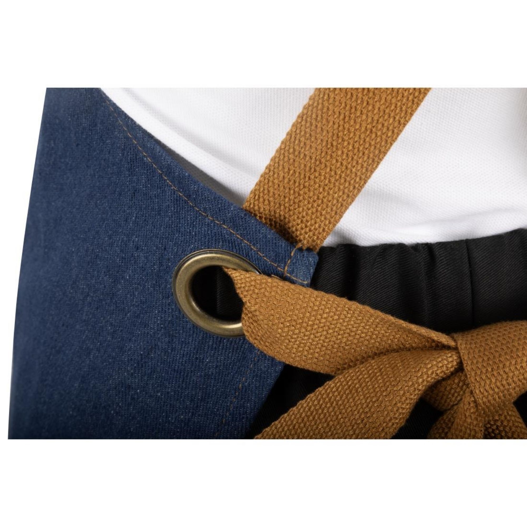 Picture of Southside Short Length X-Cross Back Bib Apron Denim Blue with Tan Ties