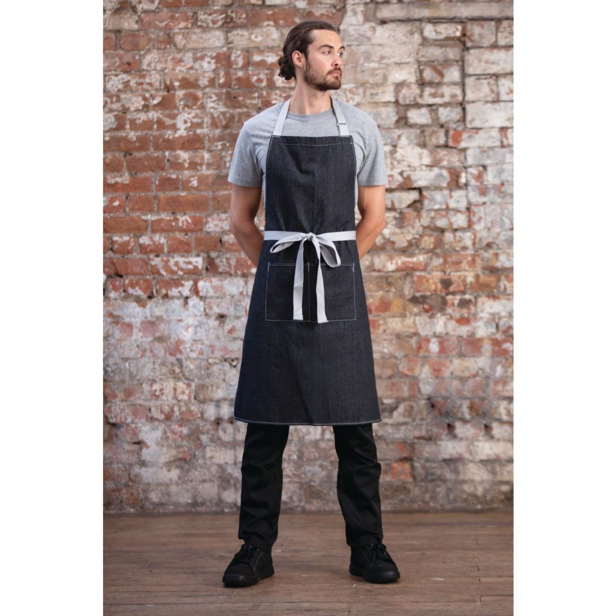 Picture of Southside X-Cross Back Bib Apron Denim Black with Grey Ties
