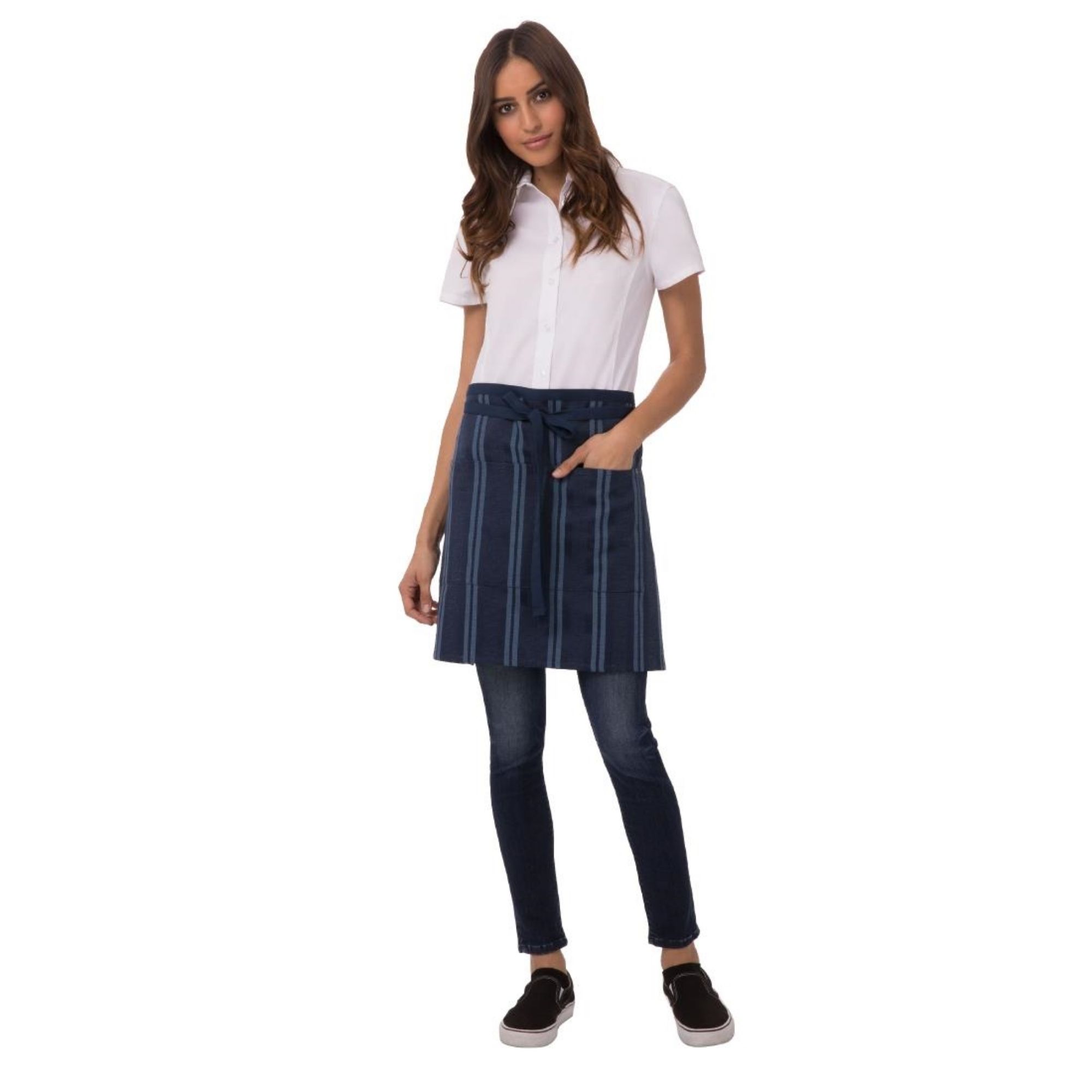 Picture of Chef Works Urban Presidio Navy Satin Stripe Half Bistro Apron - B452