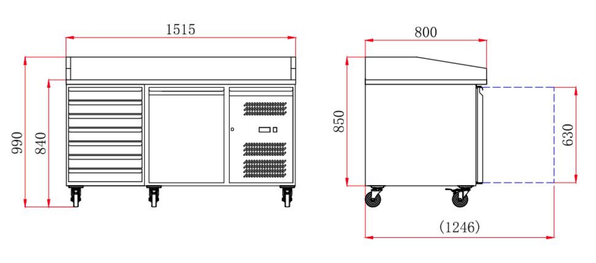 Picture of PIZZA COUNTER 1 DOOR 7 DRAWERS  WITH WHEELS