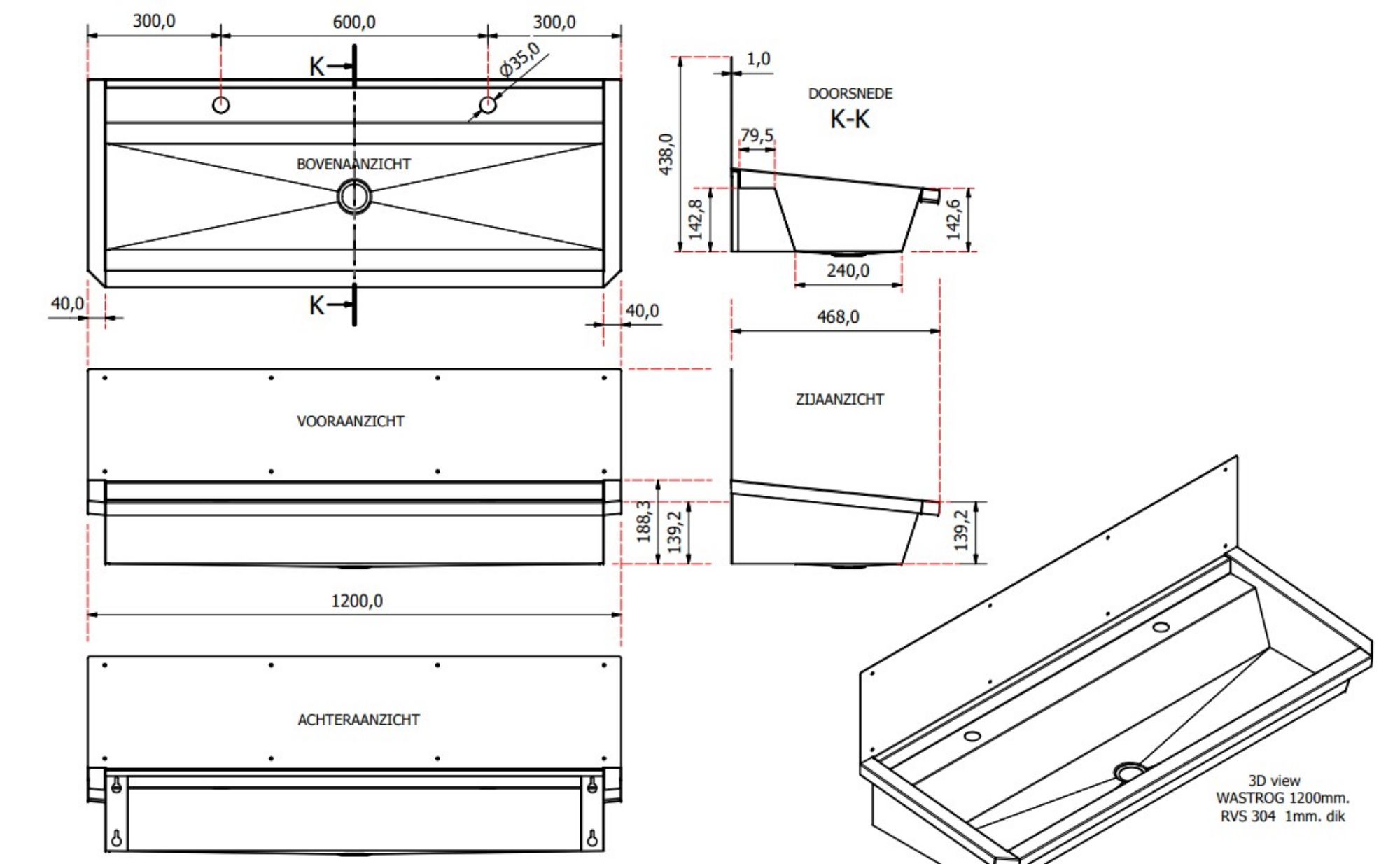 Picture of CombiSteel Stainless Steel Wash Basin 1 Tap 1200Mm Drain Plug And Splash Shield Included