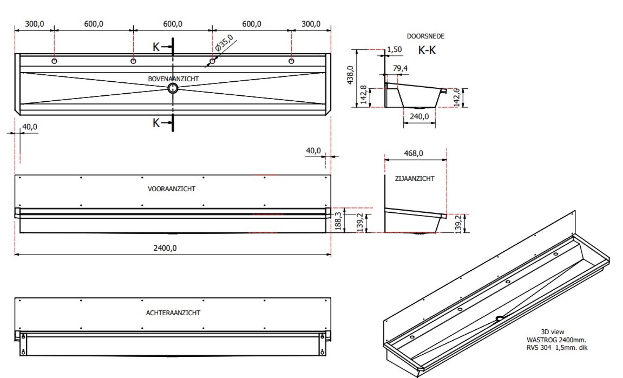 Picture of CombiSteel Stainless Steel Wash Basin 1 Tap 2400Mm Drain Plug And Splash Shield Included