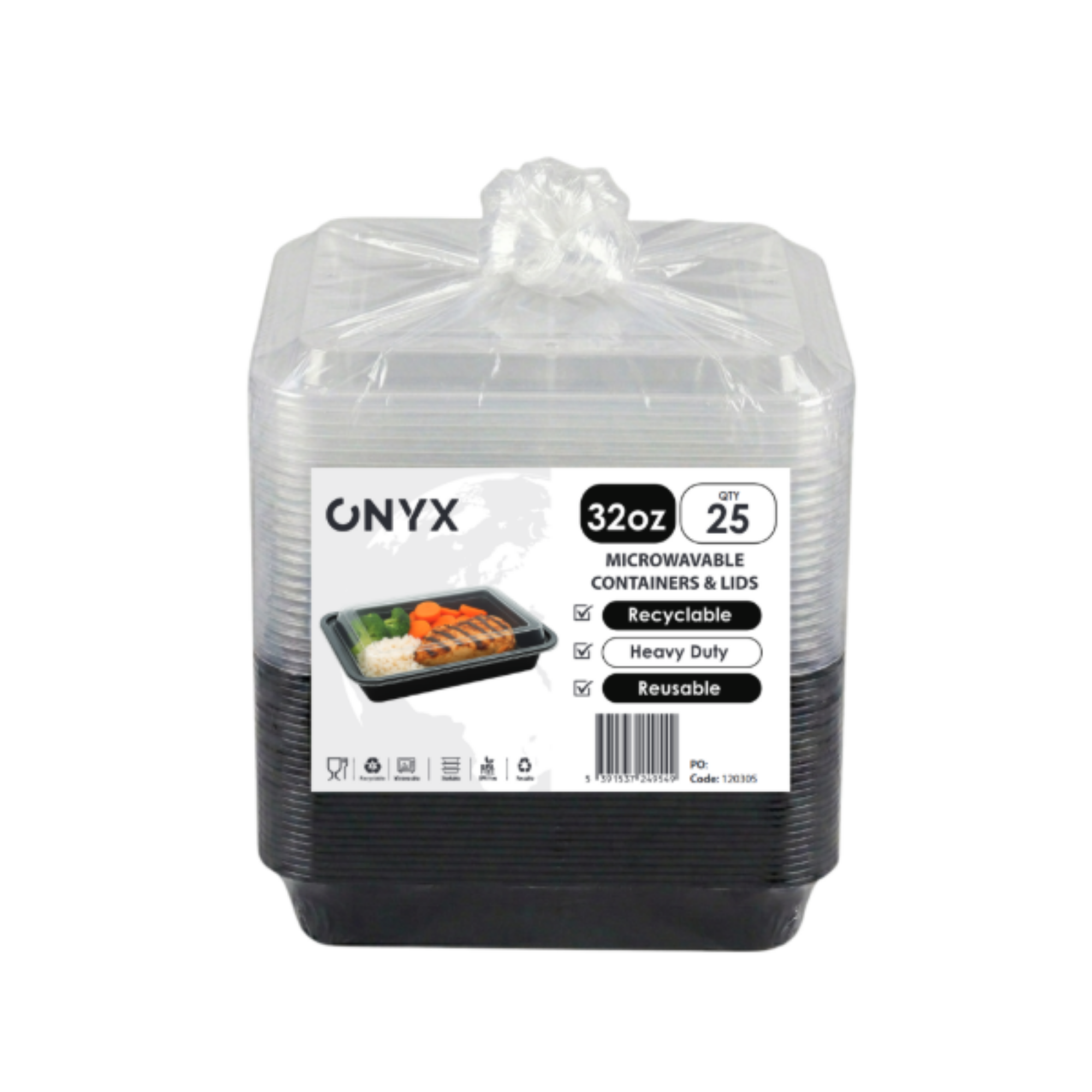 Picture of 32oz Onyx 1 Comp PP Microwavable & Reusable Black Base Clear Lid (6x25)