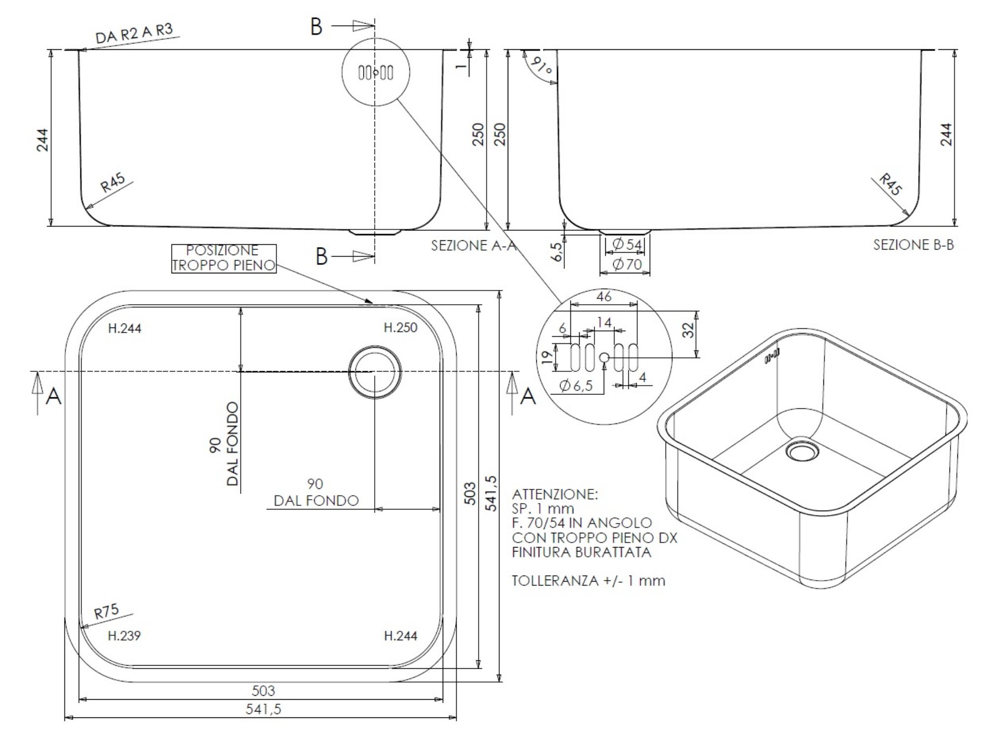 Picture of Combisteel AISI 304 Sink with Overflow - 250 mm Height