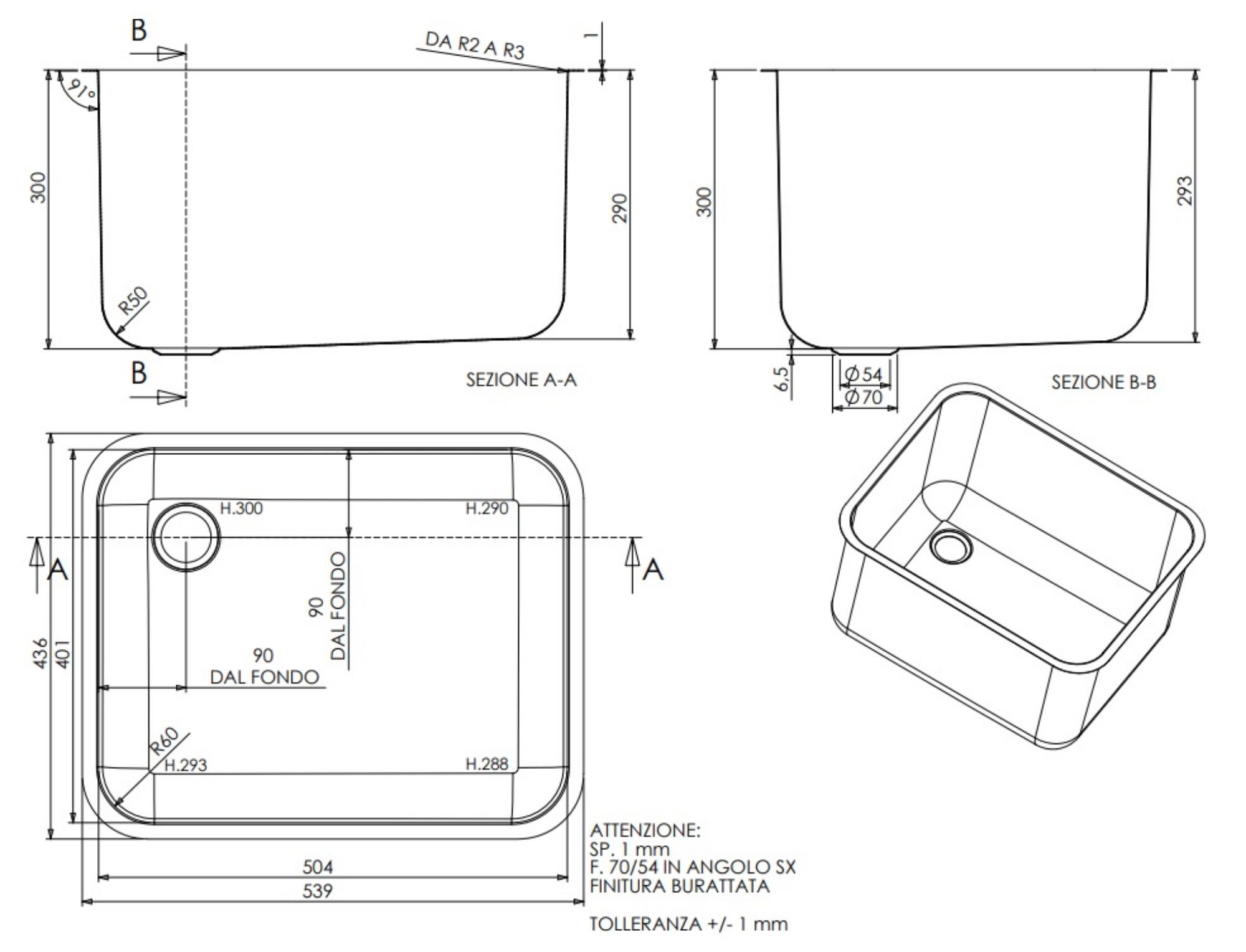 Picture of Combisteel AISI 304 Sink with Overflow - 300 mm Height