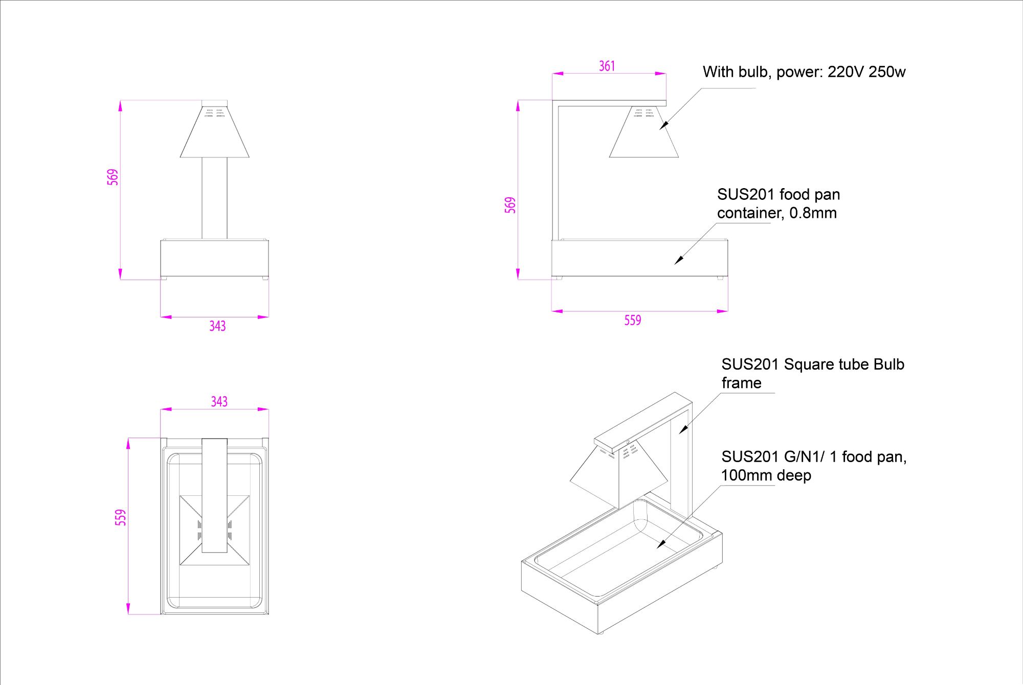 Picture of Combisteel Single Heat Lamp with 1/1 GN Pan - 0.25 kW
