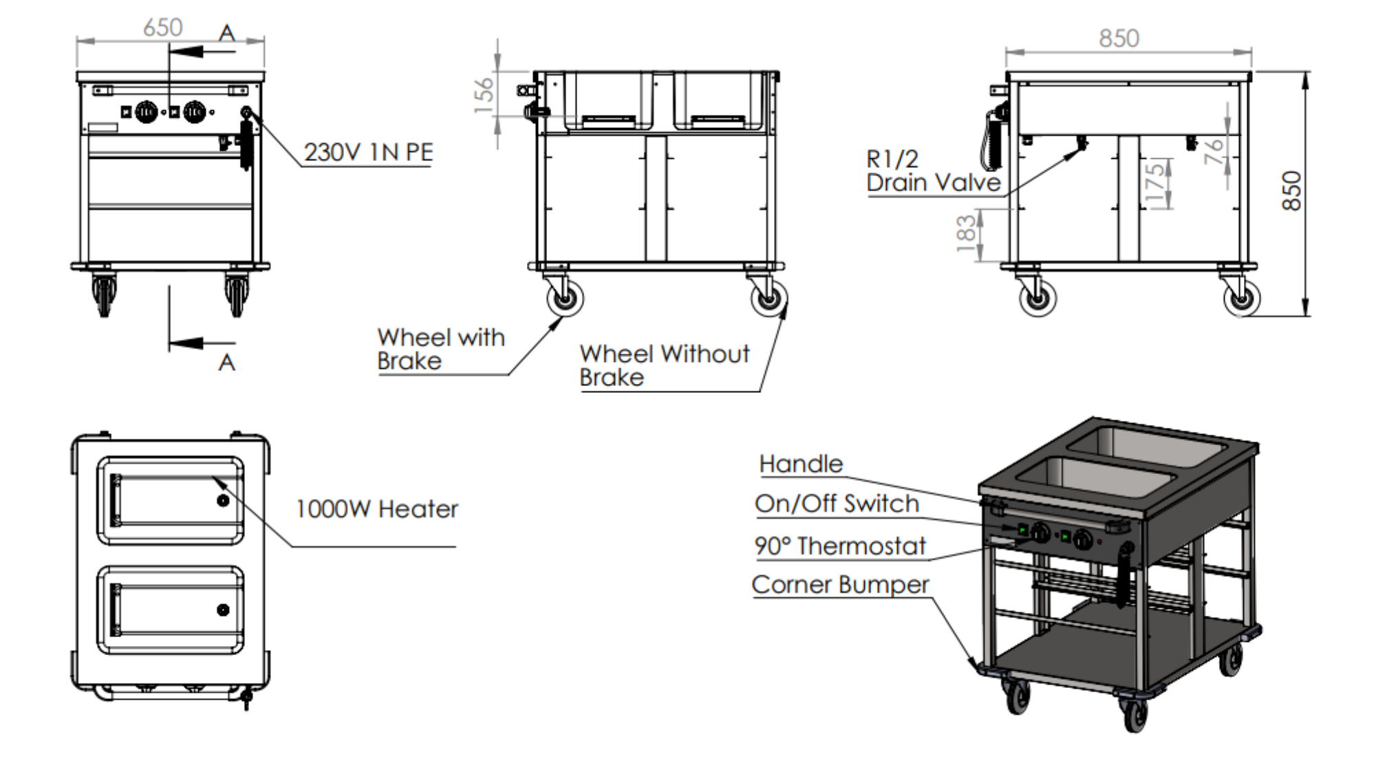 Picture of Combisteel Bain-Marie Trolley 2/1 - +30 to +90 °C