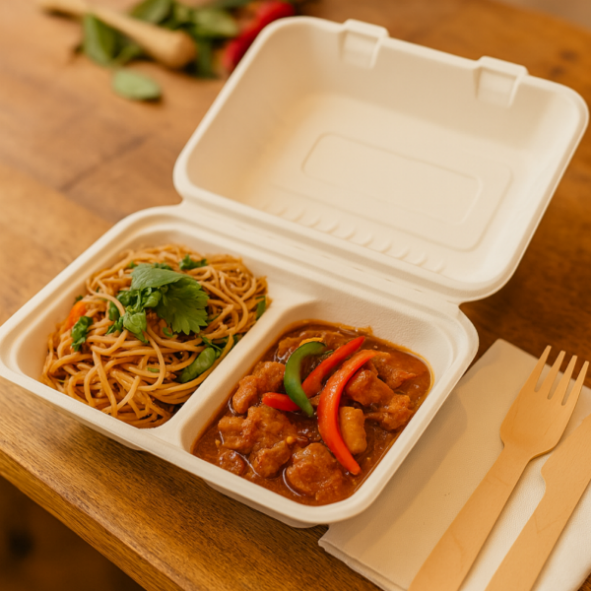Picture of New 9"x6"x2"-2 Compartment Bagasse Meal Box(4x50's)PFAS FREE