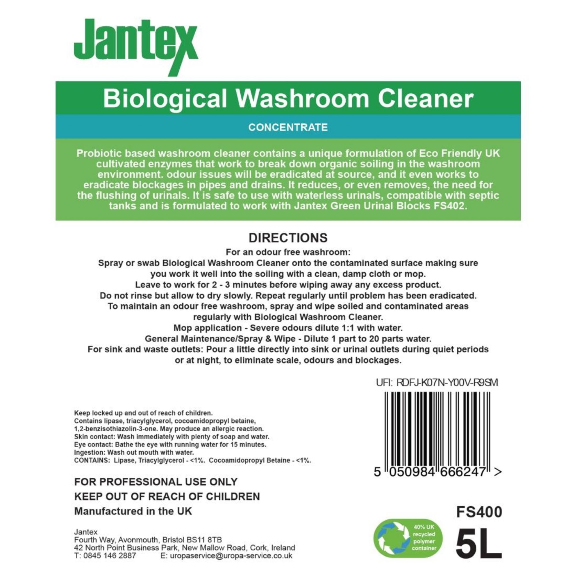 Picture of Jantex Green Biological Washroom Cleaner Concentrate 5Ltr