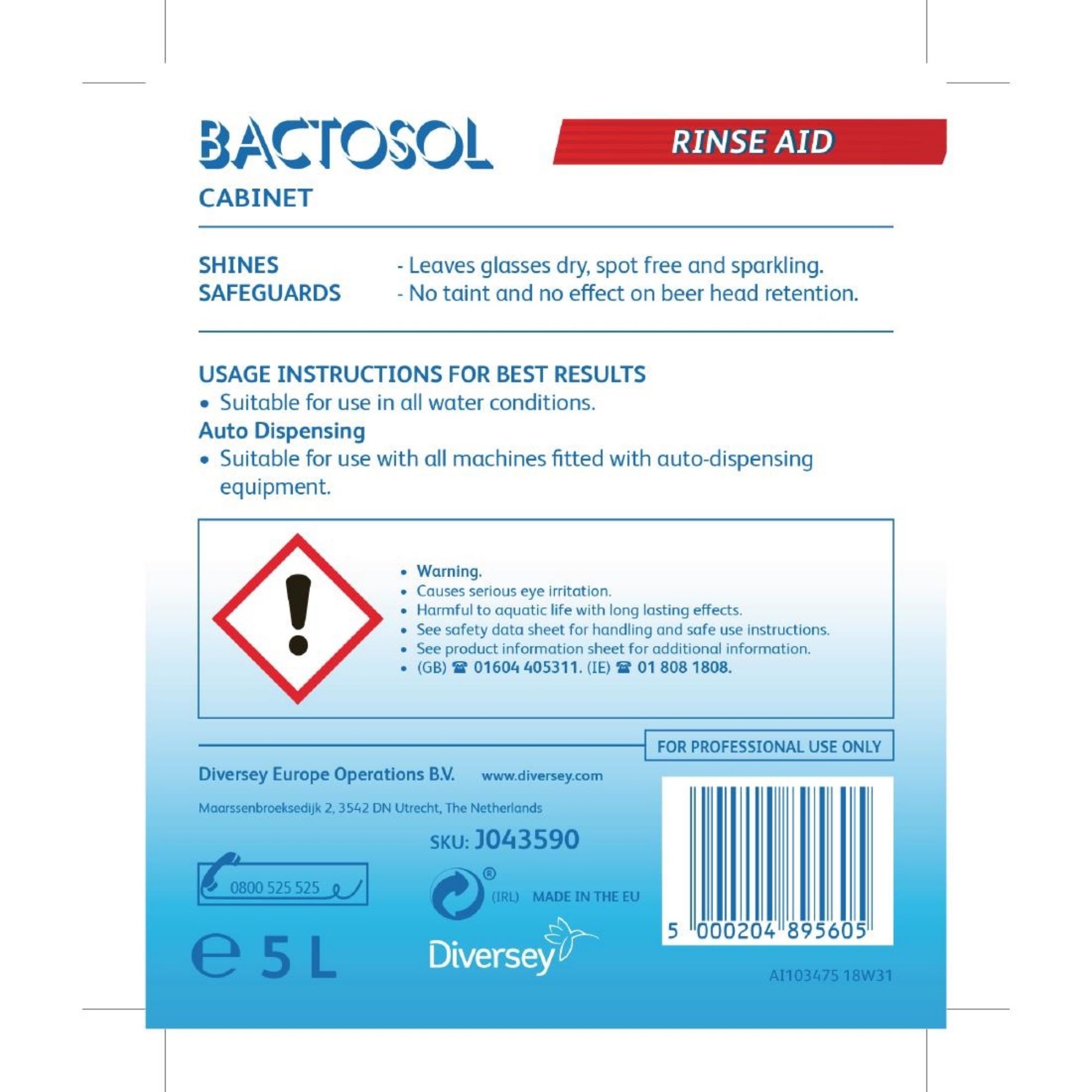 Picture of Bactosol Cabinet Glasswasher Rinse Aid Concentrate 5Ltr (2 Pack)
