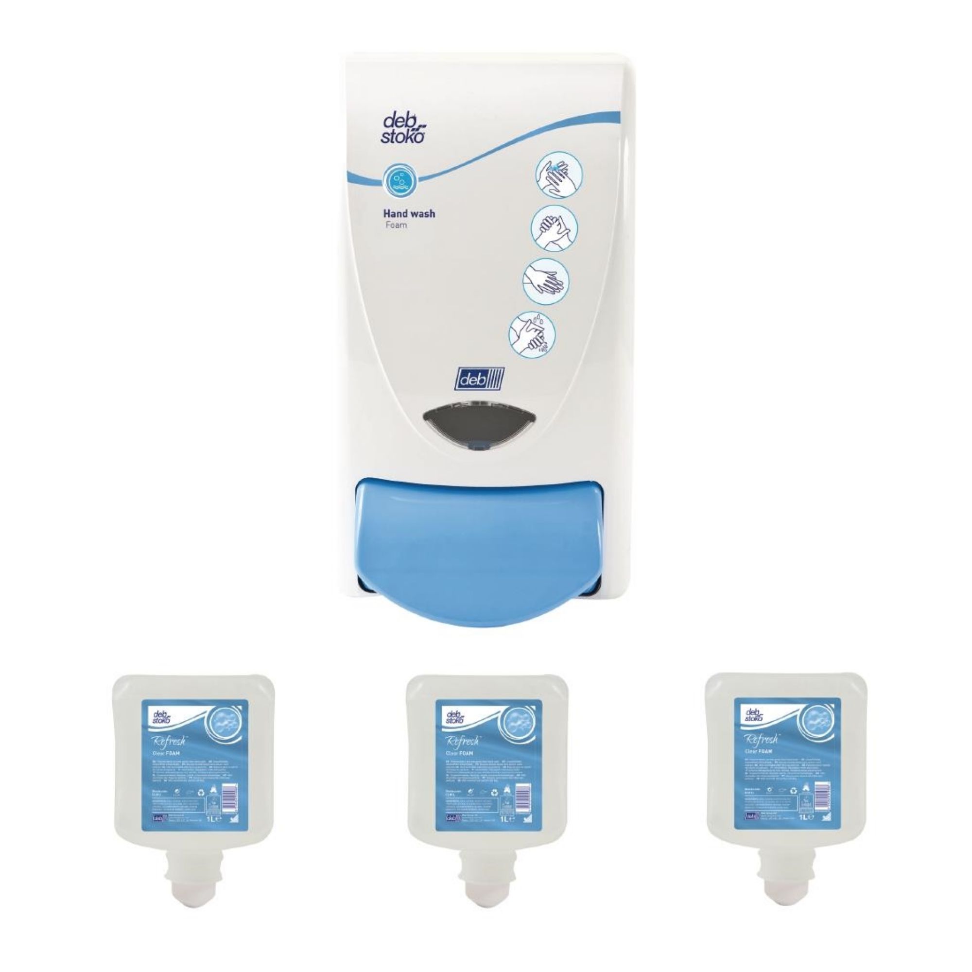 Picture of Deb Clear Foam Soap Dispenser and 3 Unperfumed Foam Hand Soaps 1Ltr